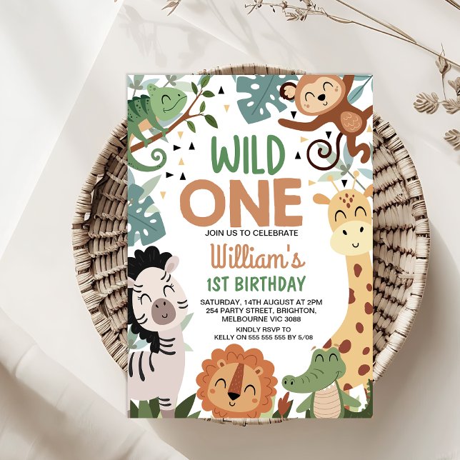 Invitación Boy Brown Safari Verde Salvaje Un primer cumpleaño (Wild One 1ST Birthday Invitation Template Boy, Safari Wild One Birthday Invitation, Jungle Themed)