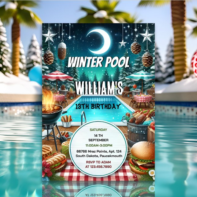 Invitación boy bruh Barbeque Winter Pool Fiesta 13 cumpleaños (Subido por el creador)