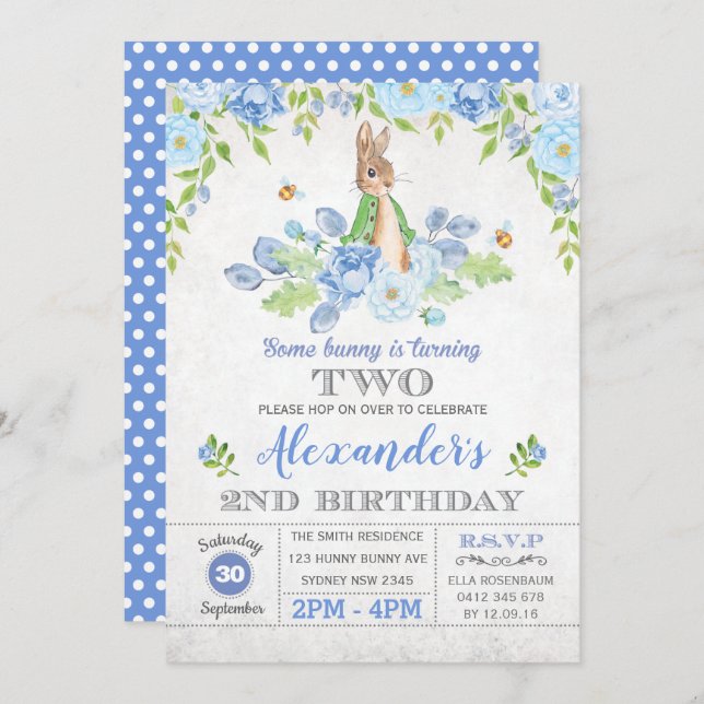Invitación Boy Bunny 2º Fiesta de cumpleaños Garden Blue Flor (Anverso / Reverso)