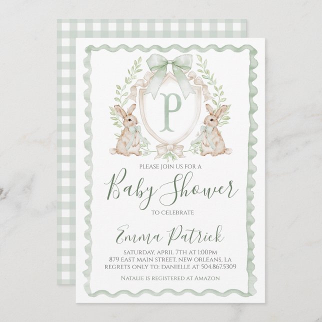 Invitación Boy Bunny Rabbit Baby Shower Preppy Sage Green (Anverso / Reverso)