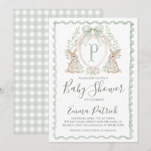 Invitación Boy Bunny Rabbit Baby Shower Preppy Sage Green