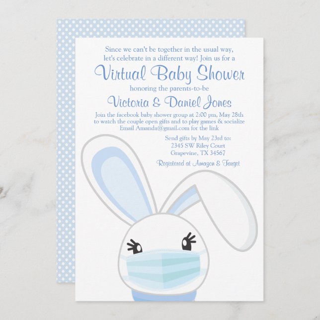 Invitación Boy Bunny Rabbit Mask Virtual Baby Shower (Anverso / Reverso)