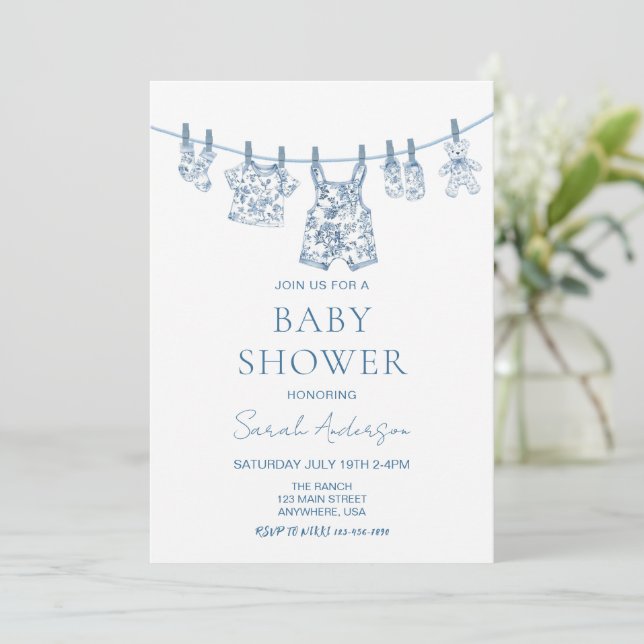 Invitación Boy Chinoiserie Toile ropa para bebé Baby Shower (Anverso de pie)