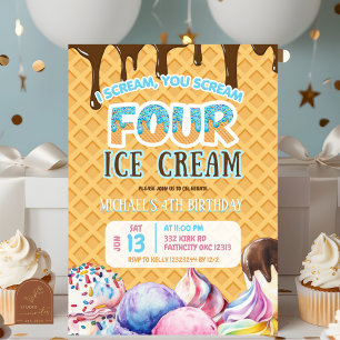 Invitación Boy Chocolate Drip Waffle Ice Crema 4º cumpleaños