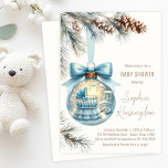 Invitación Boy Christmas Ornament Winter Baby Shower<br><div class="desc">¡Celebra la llegada de tu bebé con esta impresionante invitación a la ducha de bebé con temática de la tierra del invierno! Con su preciosa cuna azul y su mecedora enclavada en un adorno vacacional, este diseño crea un ambiente mágico y acogedor de invierno. Ramas de pino mullidas, conos de...</div>