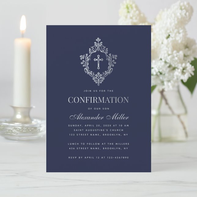 Invitación Boy Confirmación Navy Blue Faux Silver Escudo Cros (Subido por el creador)