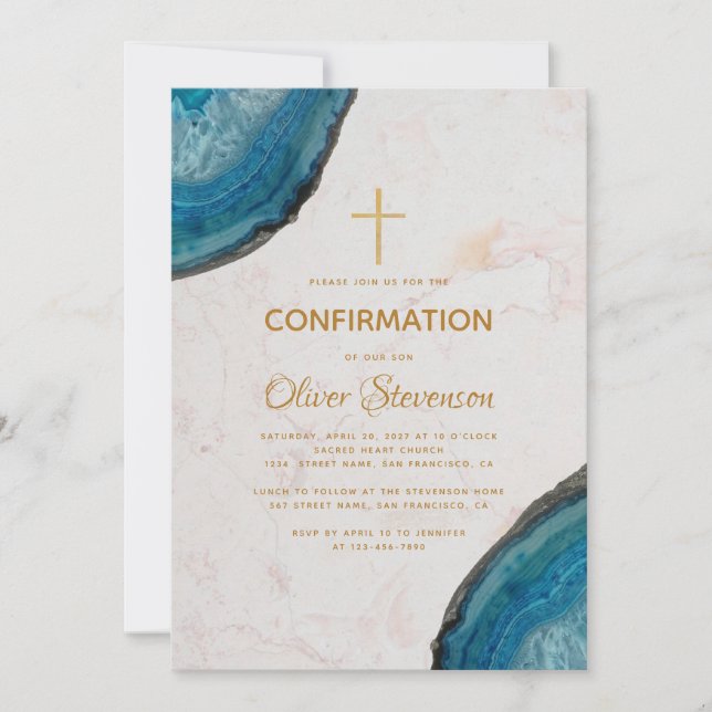 Invitación Boy Confirmation Blue Geode Agate Gold Cross (Anverso)