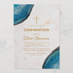 Invitación Boy Confirmation Blue Geode Agate Gold Cross