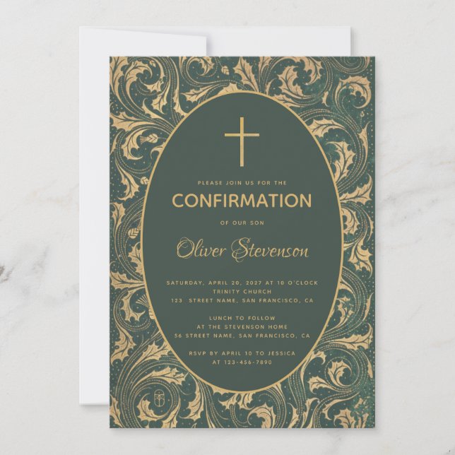 Invitación Boy Confirmation Gold Thistle Cross Elegant Green (Anverso)
