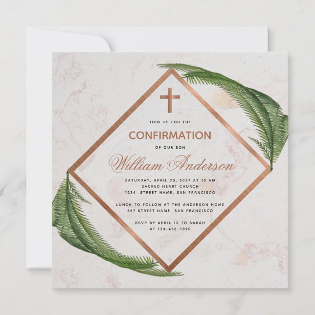 Invitación Boy Confirmation Greenery Copper Fern Cross Marble (Anverso)