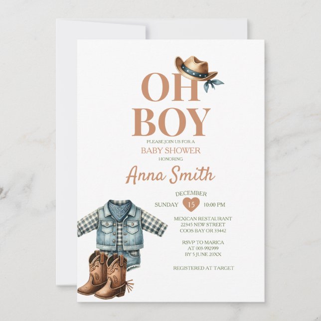 Invitación BOY conjunto COWBOY ducha de bebé cactus suroeste (Anverso)