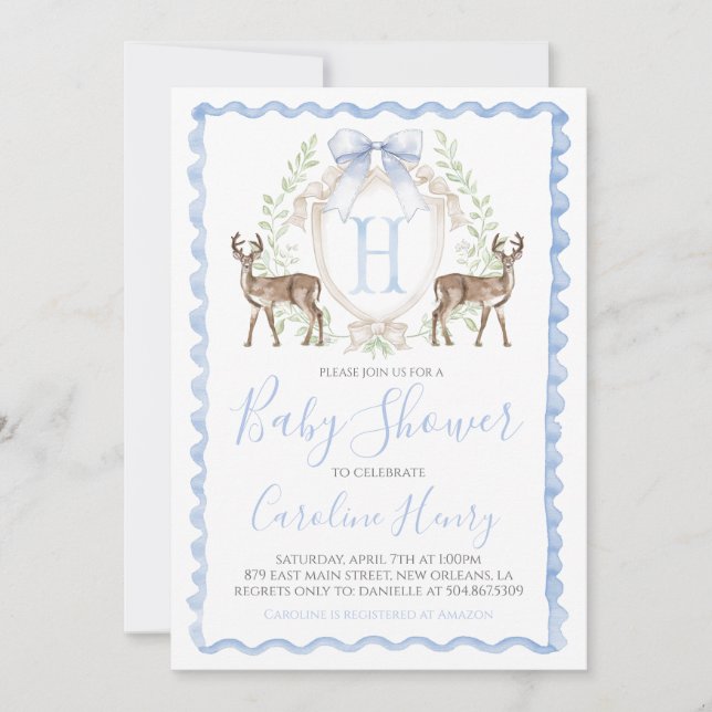 Invitación Boy Deer Baby Shower Preppy Gingham Blue (Anverso)