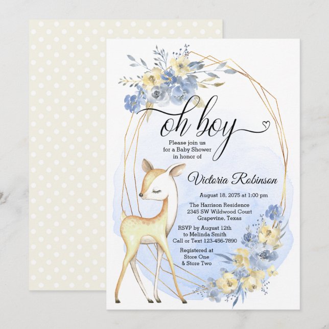 Invitación Boy Deer Oh Boy Baby Blue Beige Baby Shower (Anverso / Reverso)
