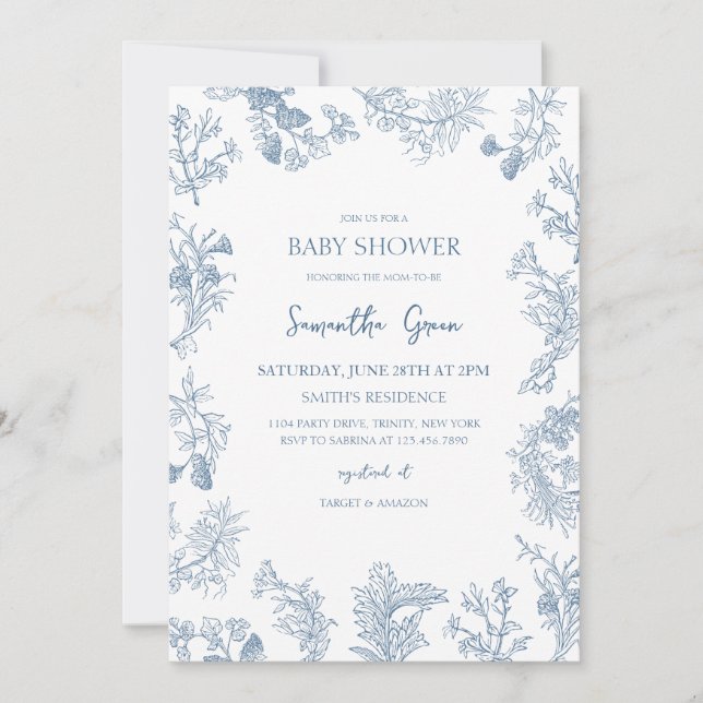 Invitación Boy Dusty Blue Chinoiserie Baby Shower (Anverso)