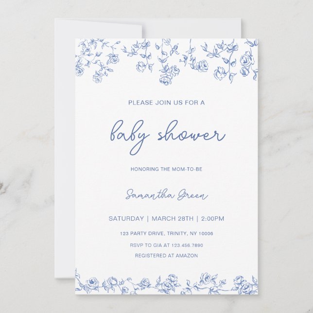 Invitación Boy Dusty Blue Floral Chinoiserie Baby Shower (Anverso)