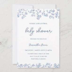 Invitación Boy Dusty Blue Floral Chinoiserie Baby Shower