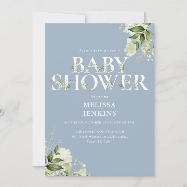 Invitación Boy Dusty Blue Greenery QR Código Baby Shower (Anverso)