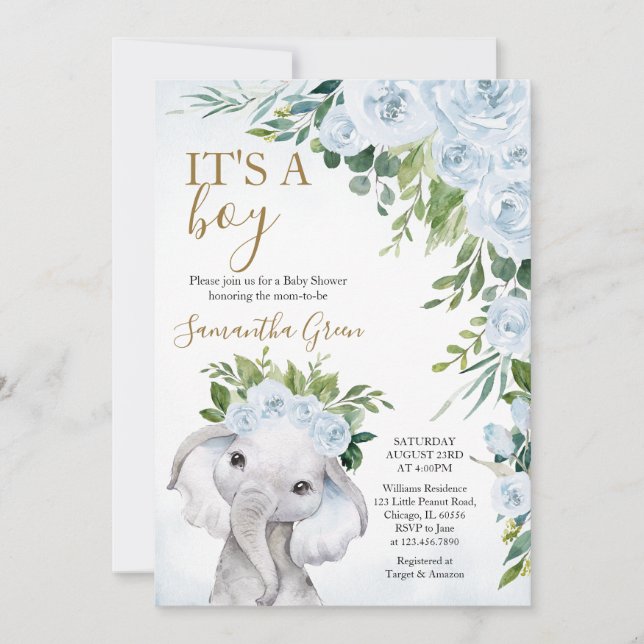 Invitación Boy Elephant Baby Shower (Anverso)