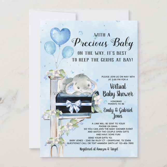 Invitación Boy Elephant Covid Baby Shower Por Correo (Anverso)