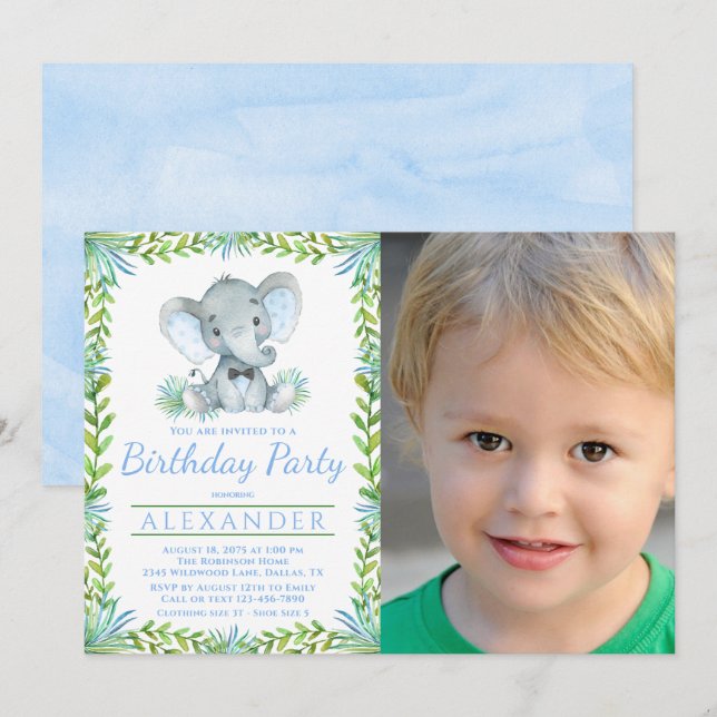 Invitación Boy Elephant Cualquier fiesta de cumpleaños de fot (Anverso / Reverso)