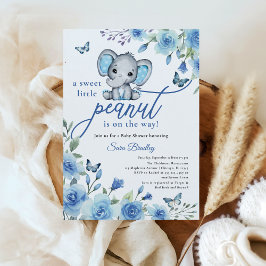 Invitación Boy Elephant Dusty Blue Rosas Baby Shower