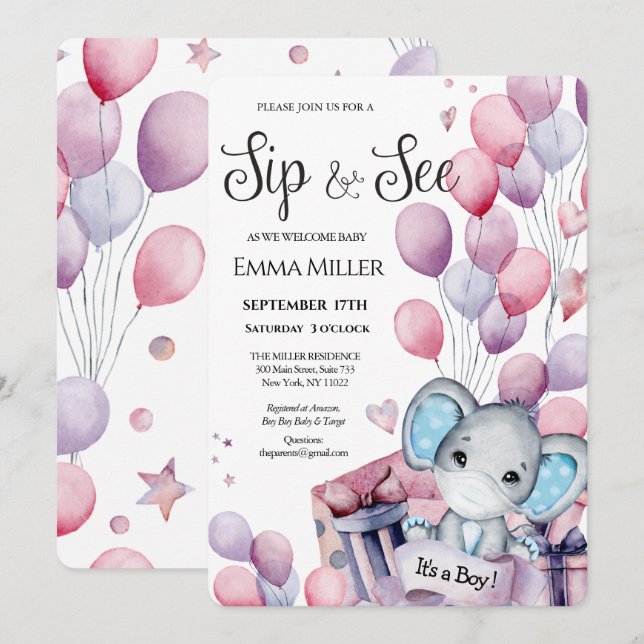Invitación Boy Elephant Globos rosados Baby Sip y See (Anverso / Reverso)