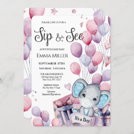 Invitación Boy Elephant Globos rosados Baby Sip y See