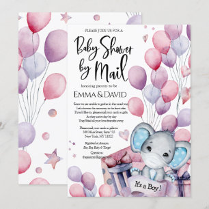 Invitación Boy Elephant Pink Balloons Baby Shower por correo
