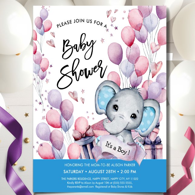Invitación Boy Elephant Watercolor Blue Balloons Baby Shower (Subido por el creador)