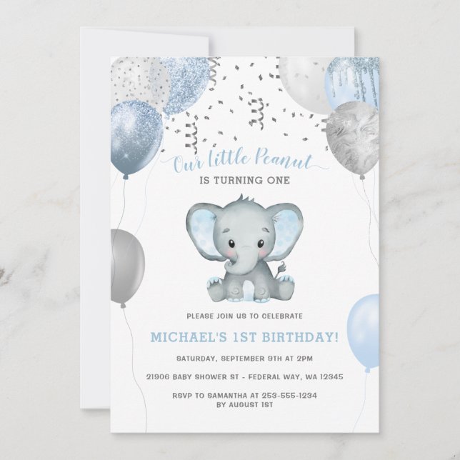 Invitación Boy Elephant Watercolor Globos 1er cumpleaños (Anverso)