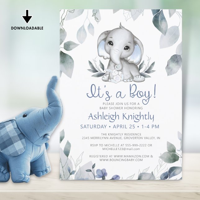 Invitación Boy Elephant Watercolor Greenery Baby Shower (Subido por el creador)