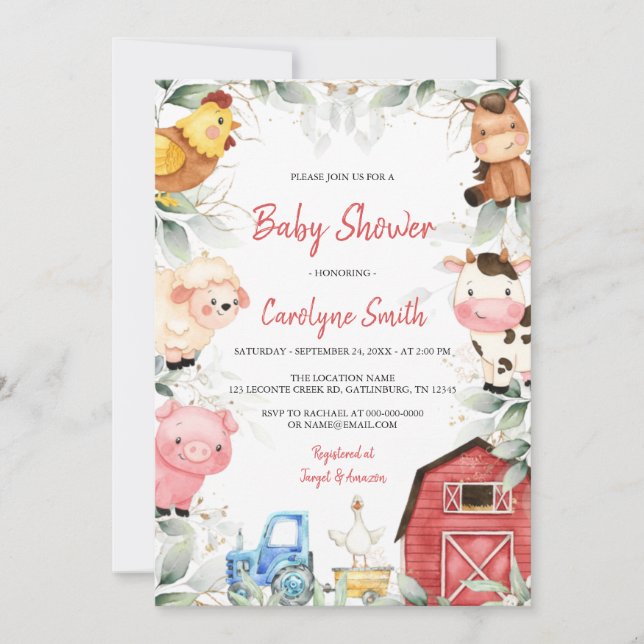 Invitación Boy Farm Animals Barnyard Baby Shower (Anverso)
