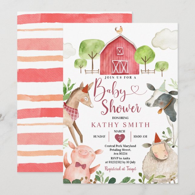 Invitación Boy Farm Animals Barnyard Baby Shower (Anverso / Reverso)