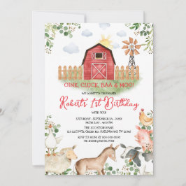Invitación Boy Farm Animals Barnyard Red Gingham Birthday