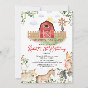 Invitación Boy Farm Animals Barnyard Red Gingham Birthday