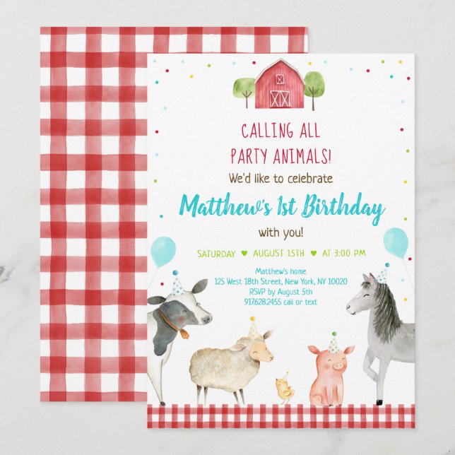 Invitación Boy Farm Fiesta Animal Cumpleaños (Anverso / Reverso)