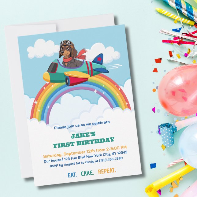 Invitación Boy First Birday Dog Pilot Nubes de avión (Subido por el creador)