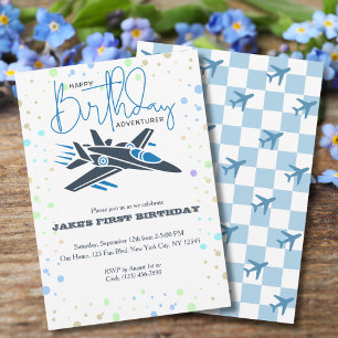 Invitación Boy First Birday Jet Fighist Airplane Blue White