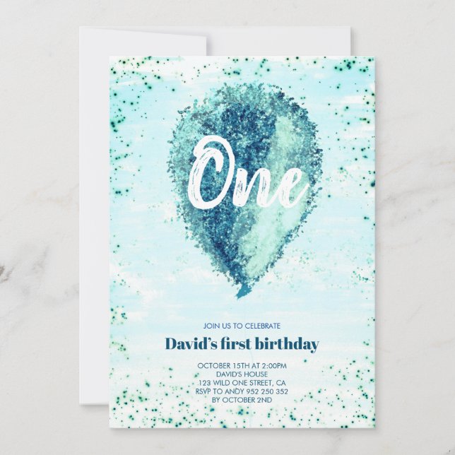 Invitación Boy First Birday Purpurina Blue Balloon (Anverso)