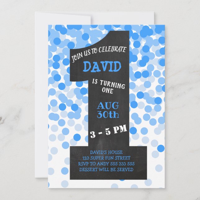Invitación Boy First Birthday Modern Chalkboard Blue Confetti (Anverso)