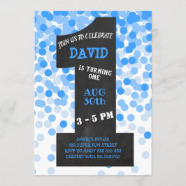 Invitación Boy First Birthday Modern Chalkboard Blue Confetti