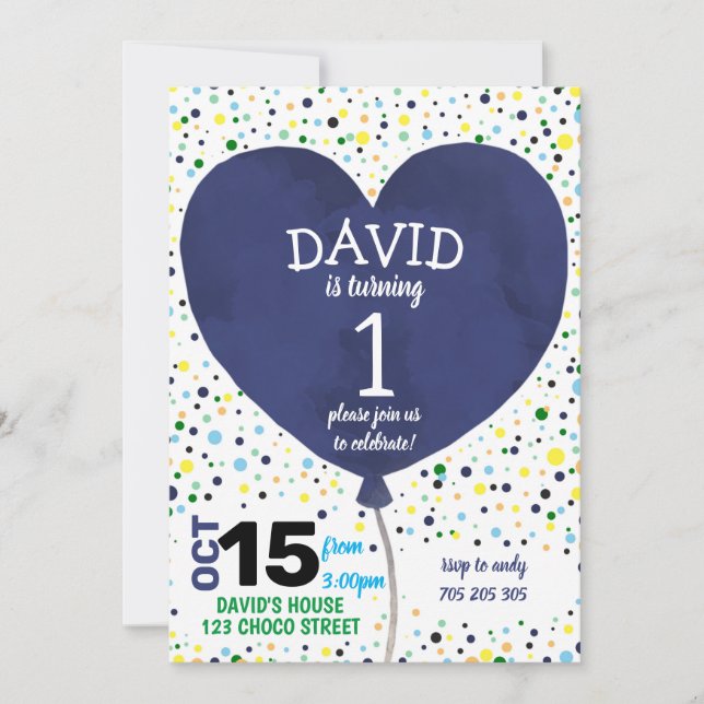 Invitación Boy First Birthday Navy Heart Balloon Confetti (Anverso)