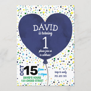 Invitación Boy First Birthday Navy Heart Balloon Confetti