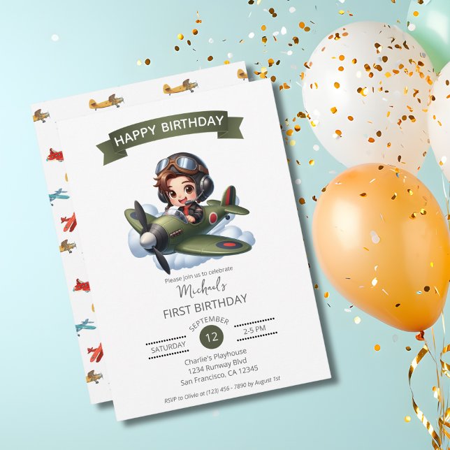 Invitación Boy First Birthday Pilot Vintage Airplane Clouds (Subido por el creador)