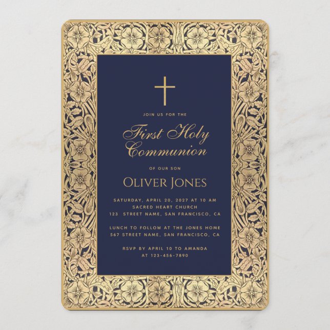 Invitación Boy First Communion Blue Gold marco floral elegant (Anverso)