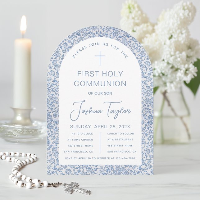 Invitación Boy First Communion Blue White Floral Pattern Arch (Subido por el creador)