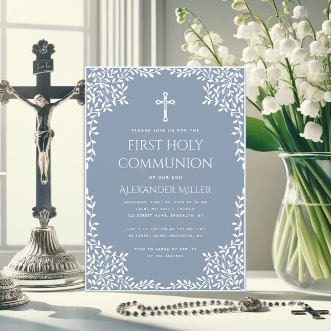Invitación  Boy First Communion Dusty Blue White Leaves Cross (Subido por el creador)
