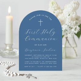 Invitación Boy First Communition Classic Blue Arch Cross Scri