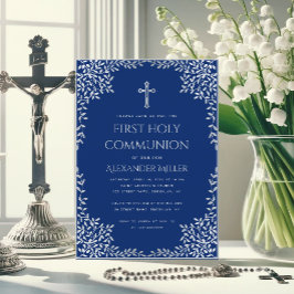 Invitación Boy First Communition Royal Blue Vintage Leaves
