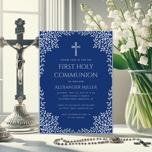 Invitación Boy First Communition Royal Blue Vintage Leaves (Subido por el creador)